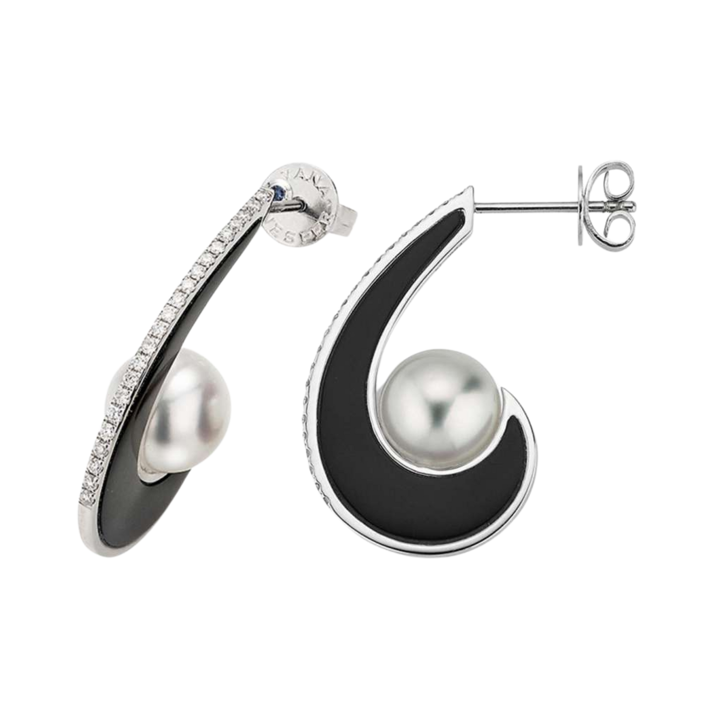 Pearl, diamonds and onyx white gold earrings