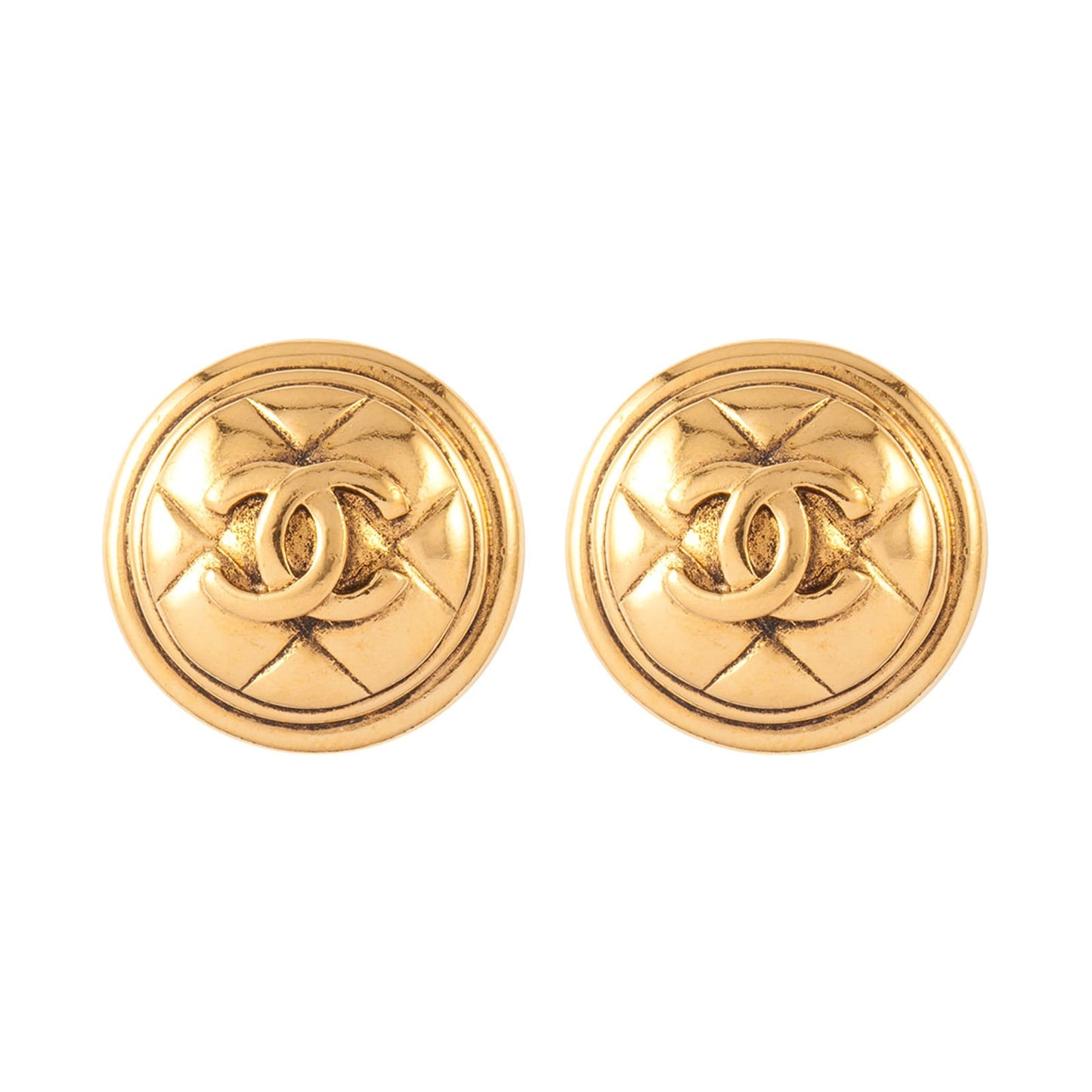 Vintage Chanel Gold Plated Round CC Quilted Earrings From Susan Caplan