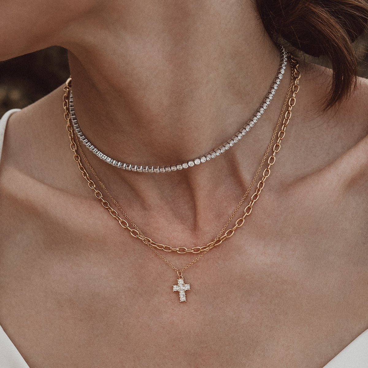 Pave Cross Necklace 18ct Gold Plated