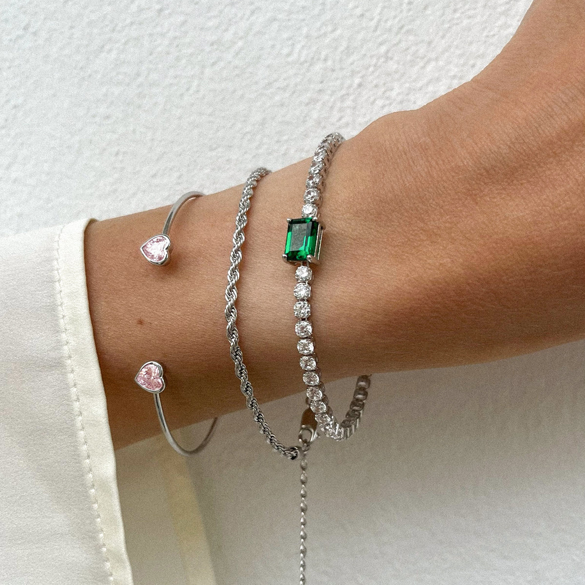 Wire Bangle With Pink Hearts Silver Plated