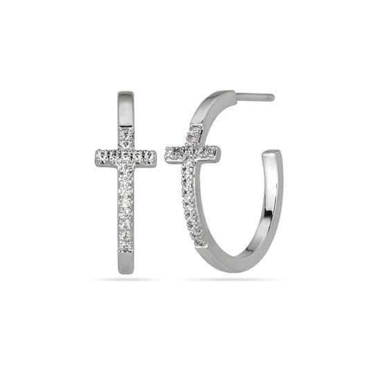 Pave Cross Hoop Earrings Silver Plated