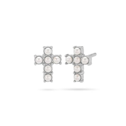 Pearl Cross Studd Earrings Silver Plated