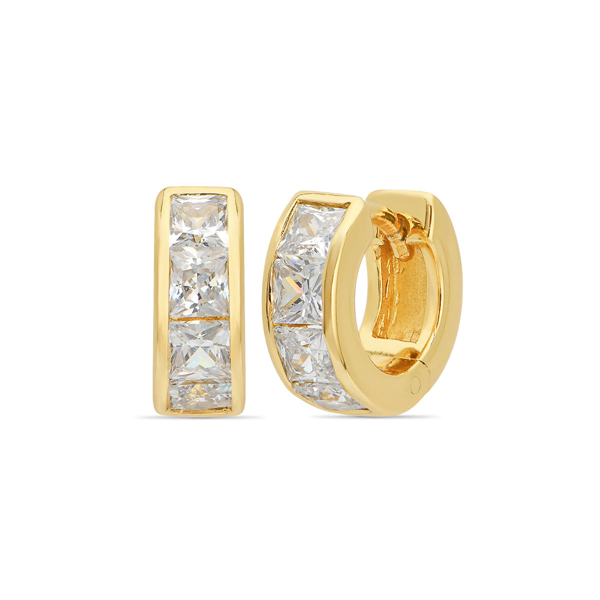 Princess Cut Pave Huggie Hoop Earrings 18ct Gold Plated