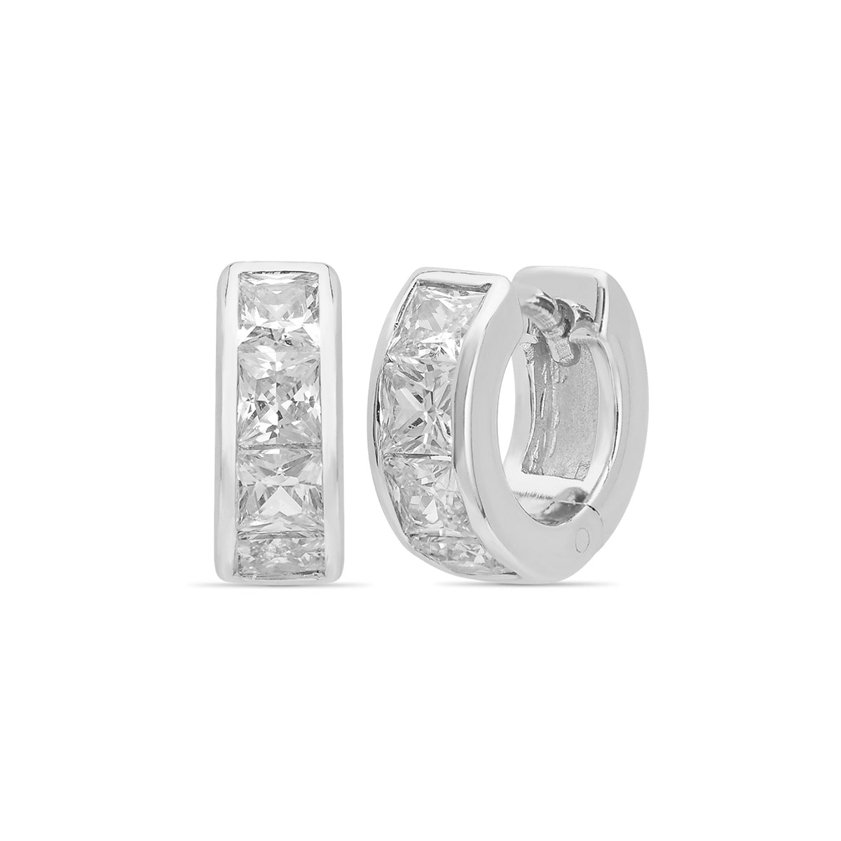 Princess Cut Pave Huggie Hoop Earrings Silver Plated