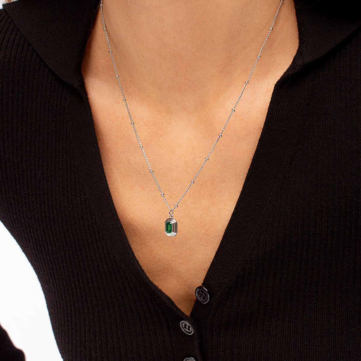 Nano Emerald Gem Charm Necklace Silver Plated