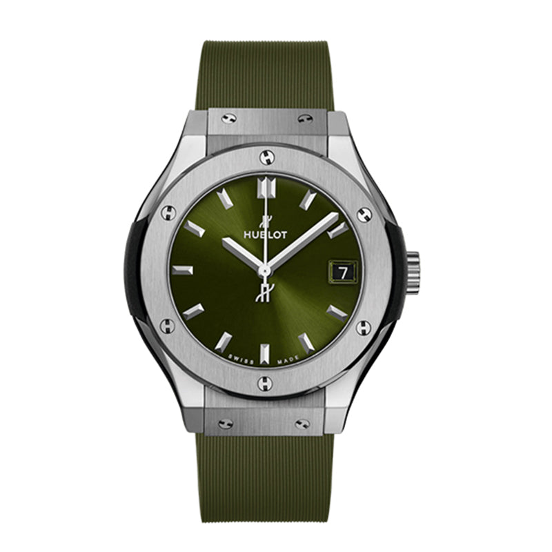 Classic Fusion quartz calendar 33mm titanium, green rubber strap watch