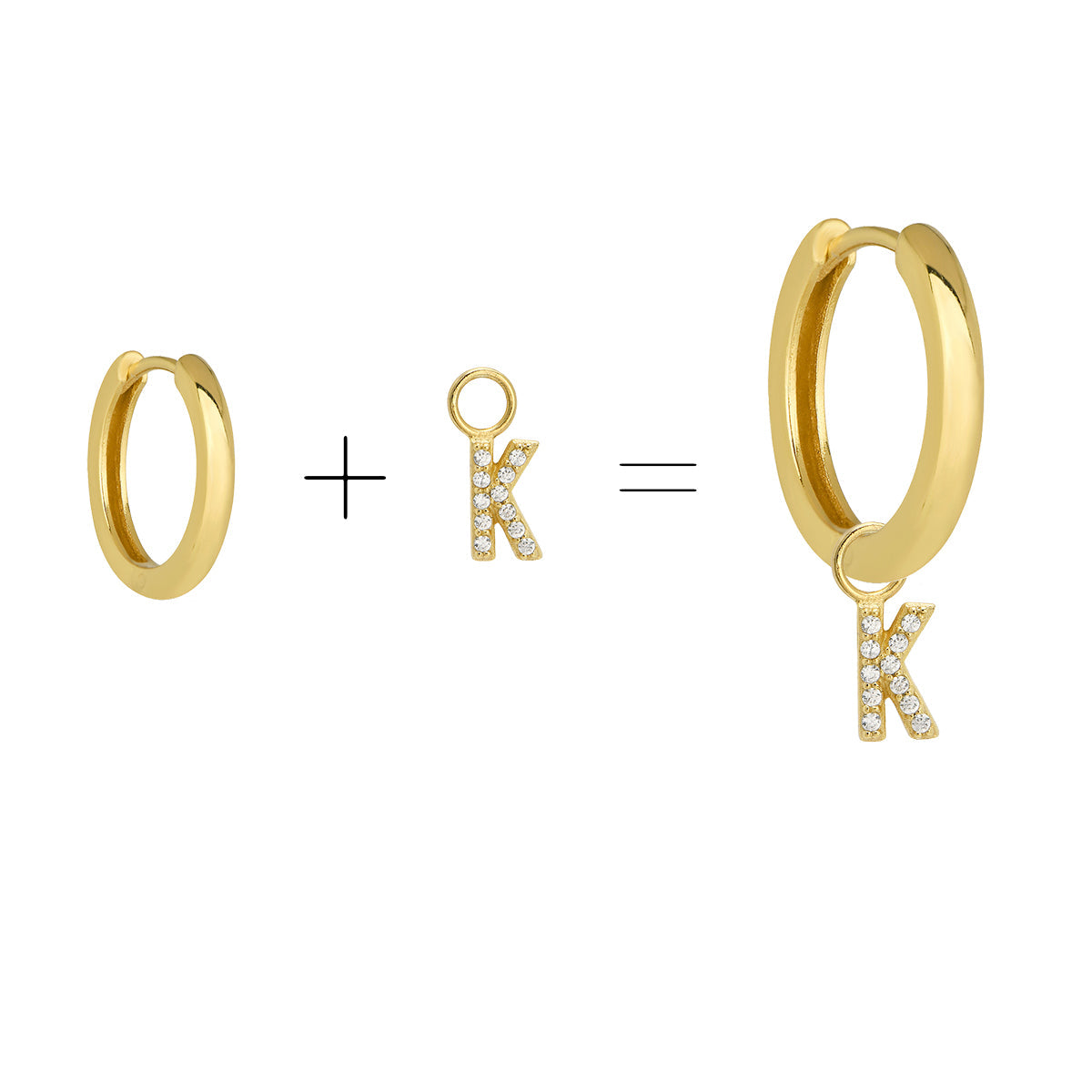 Cubic Zirconia Letter K Huggie Hoop Charm Enhancer 18ct Gold Plated Vermeil