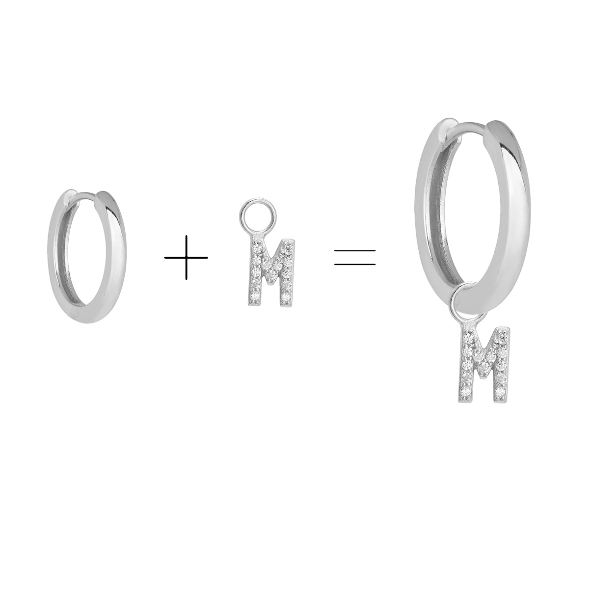 Cubic Zirconia Letter M Huggie Hoop Charm Enhancer Sterling Silver