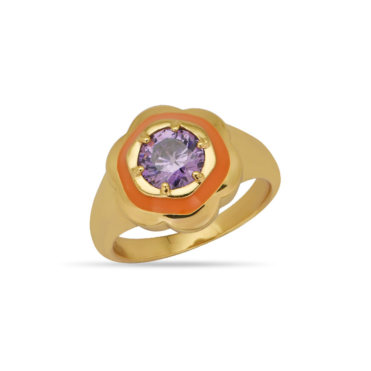 Orange Enamel Flower Shape Ring 18ct Gold Plated Vermeil