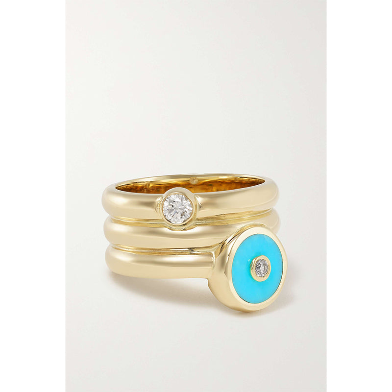 Triple Coil Mini Compass 14 ctyellow gold turquoise and diamond ring